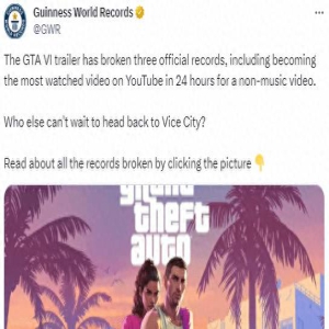 《GTA6》预告获吉尼斯官方认证:打破三项世界纪录